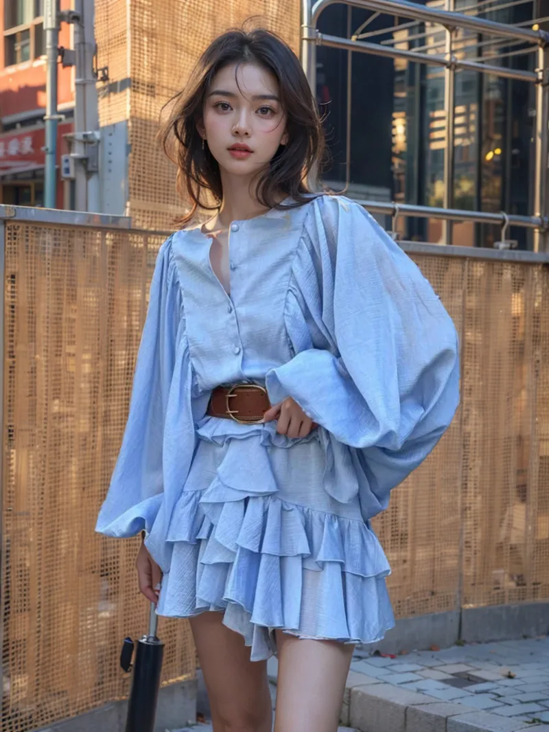 Irregular babados borda botões lanterna manga vestido feminino chique plissado chiffon o pescoço mini vestidos senhora high street vestidos lla8