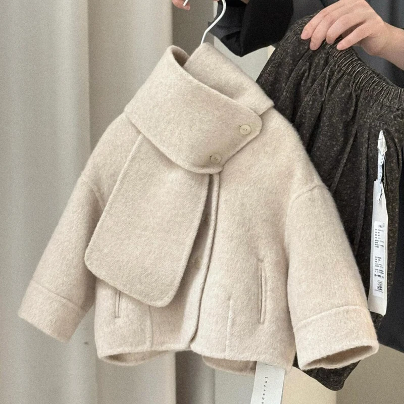 Girls Wool Coat Children 2024 New Autumn Winter Fashion Simple Casual Wool Coat Korean Simple Style Clothes Top Children