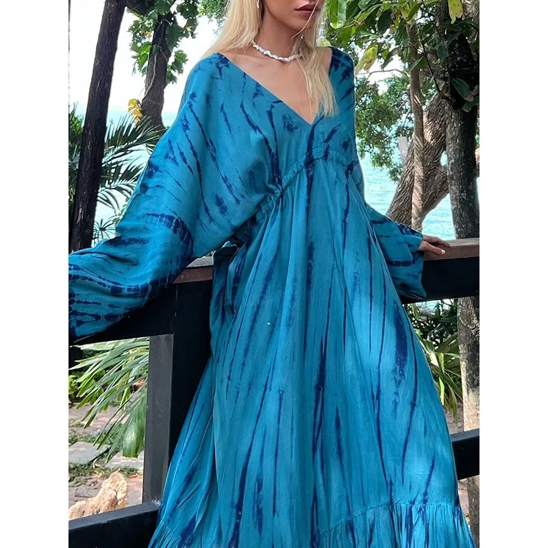 T Е Blue Bohemia Dress Donna 2025 Primavera Autunno Vintage Loose Fit Manica raglan Scollo a V Stampa Abiti longuette da spiaggia 182802