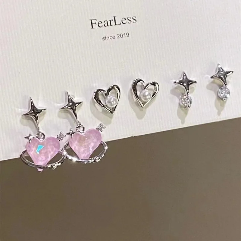 6PCS Fashion Sweet Cool Style Heart Tassel Star Earrings Personality Retro Zircon Love Earrings Party Wedding Women Jewelry Gift