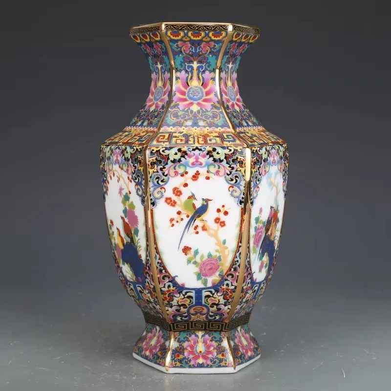 25cm/Jingdezhen Porcelain Vase Porch Ornaments Antique Official Enamel Porcelain Antique Collection Square Vase