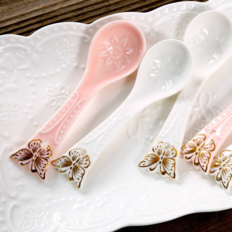 Creative Butterfly Relief Gold Coffee Spoon,Cute Ceramic Rice Spoon Kitchen Accessories Dessert Spoon Stirring Seasoning Spoons