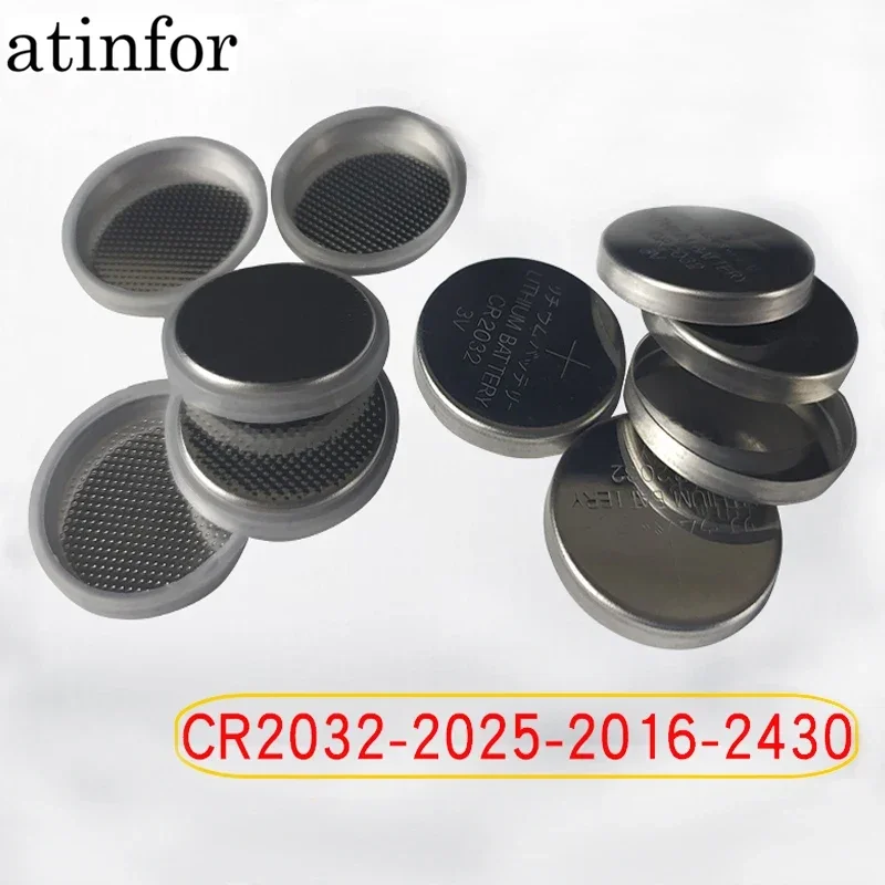 Atinfor-fundas de botón de acero inoxidable CR2032, 304, con resorte cónico y espaciador, juego/paquete de 100