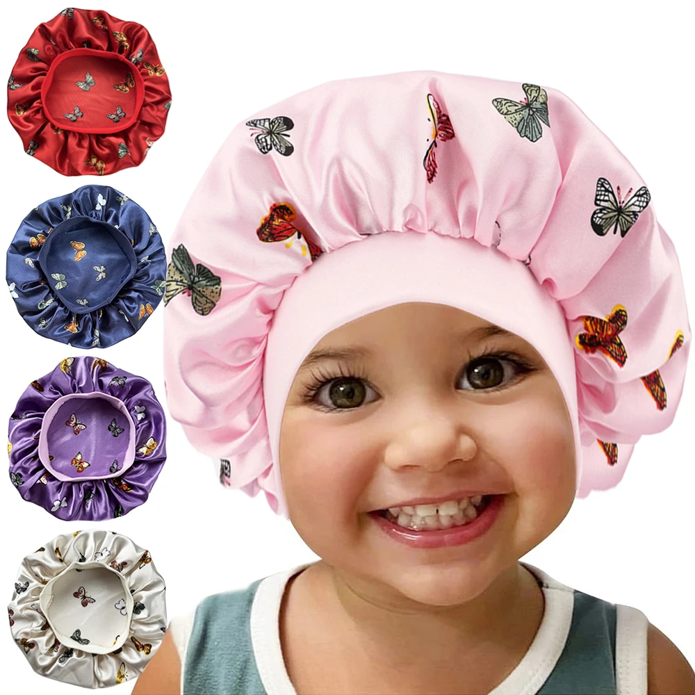 Kids Satin Bonnet Butterfly Print Children\'s New Elastic Elastic Print Bonnet Cap, Fashion Comfortable Sleeping Cap Hair Cap