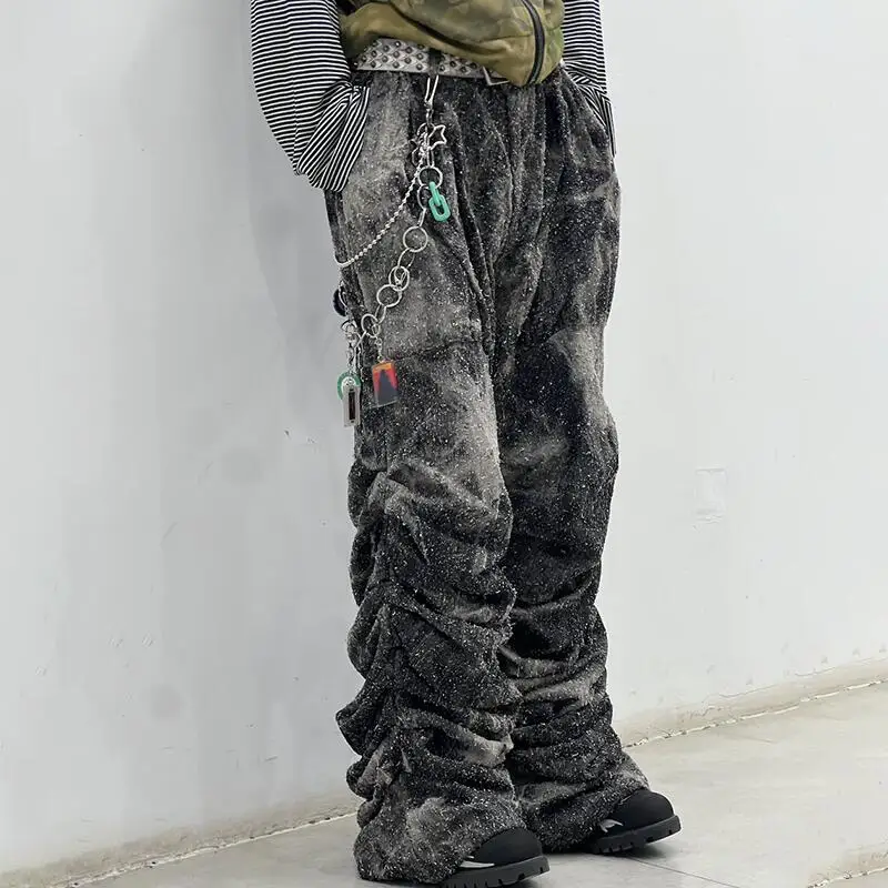 MWJLPWQ رمادي التعادل صبغ تصميم الجينز الرجال شارع العليا المتخصصة خمر فضفاض واسعة الساق عادية تنوعا للجنسين السراويل الطويلة جديد 010964