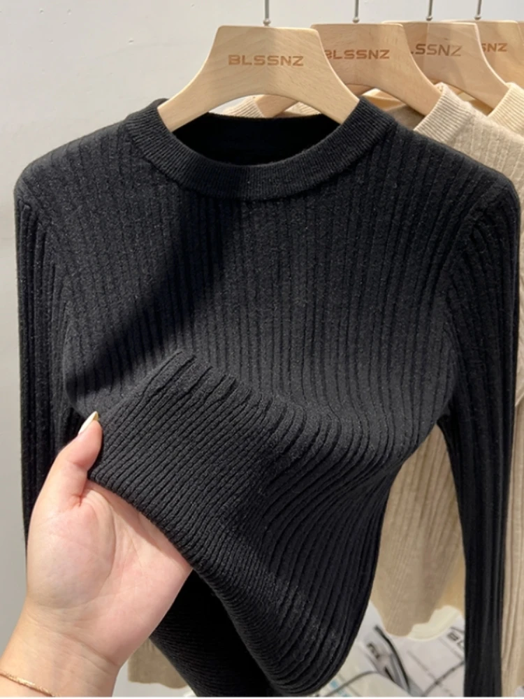 เสื้อสเวตเตอร์ไหมพรมสไตล์วินเทจเกาหลีลำลองสำหรับผู้หญิง แขนยาว คอทรงกลม สีพื้น ทรงเข้ารูป ใส่ได้หลายโอกาส สำหรับฤดูใบไม้ร่วงและฤดูหนาว