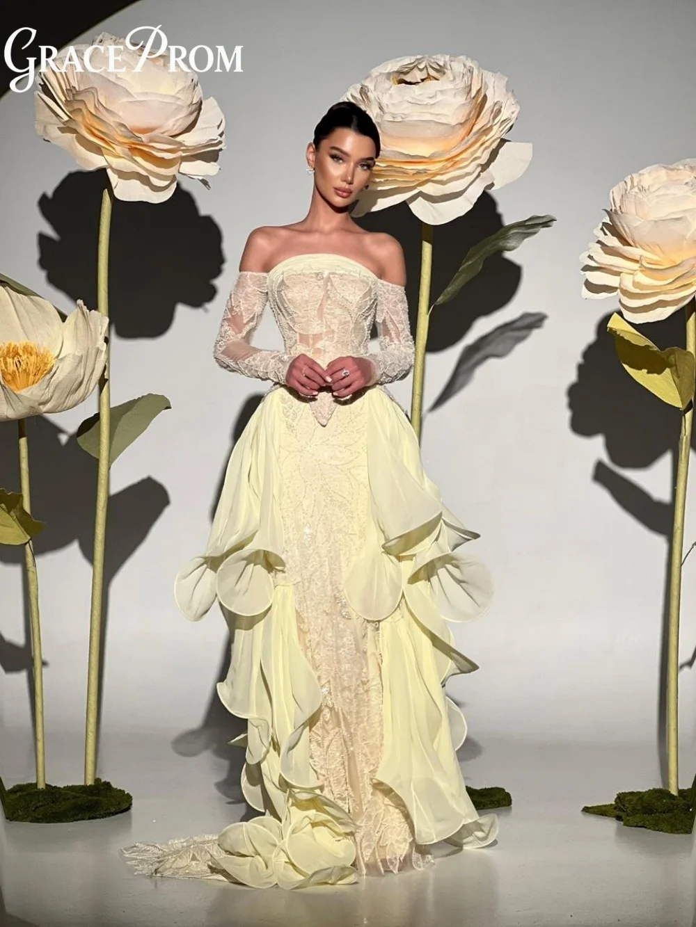 Exquisite Butter Yellow Prom Dress 2026 Premium Off Shoulder Mermaid Formal Gown Intricate Lace Embroidery Evening Dress فساتين