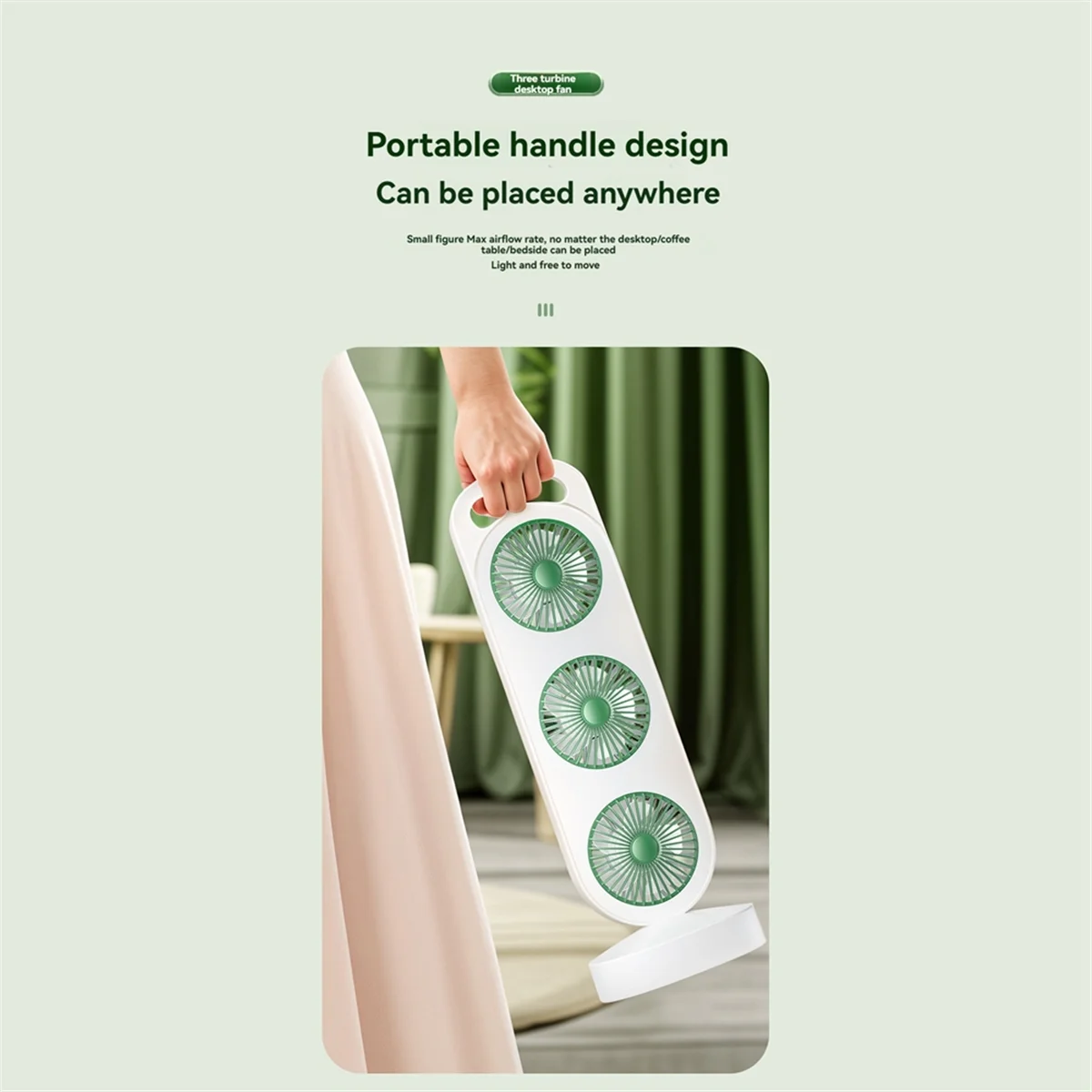 

BFYLE Triple Turbine Design Fan USB Charging High Wind Desktop Fan Home Dormitory Fan Silent Operation White and Green