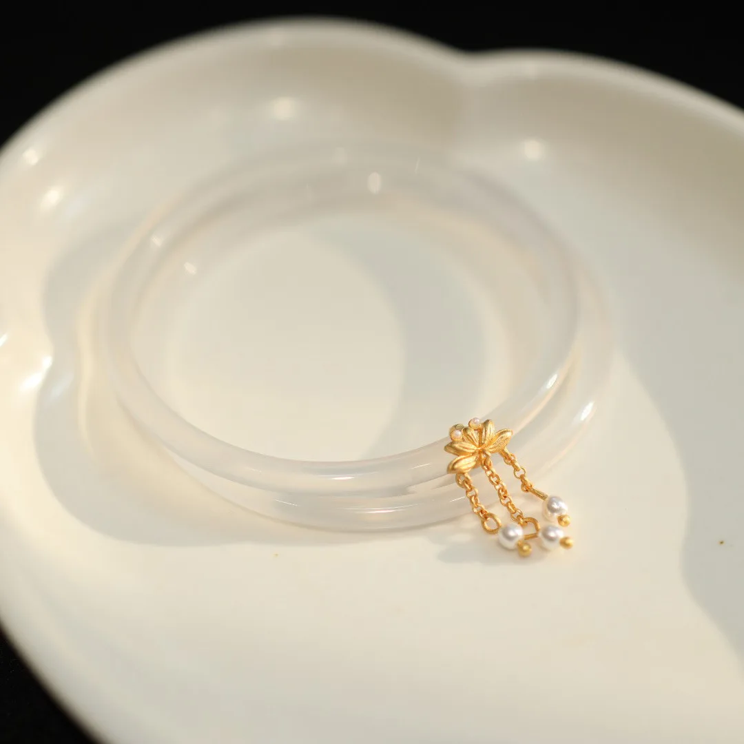 Good Luck Lotus Ice Type Thin Strip Bangle Women Fashion Jade Agate Pearl Bangle Elegant Chinese Style Jewelry Gifts