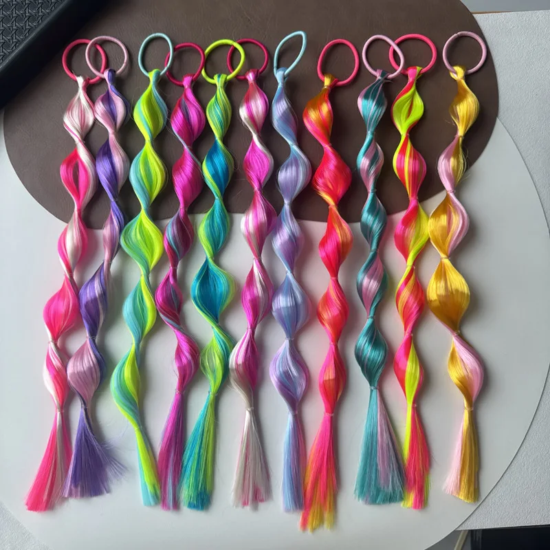 2026 New Kids Spiral Twist Wig Strand Hair Tie Long Tassel Tail Elastic Hair Band Girls Hip Hop Party Halloween Hair Accessories