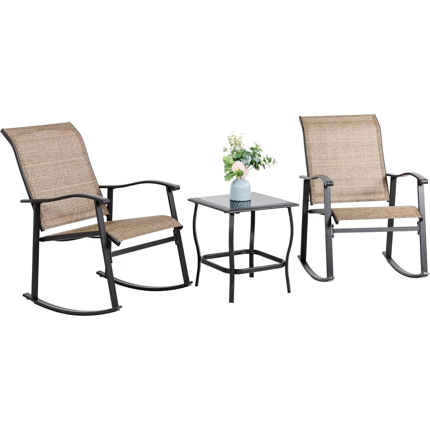 

3 Piece Outdoor Rocking Bistro Set,Textilene Fabric Small Patio Furniture Set,Front Porch Rocker Chairs Conversation Set (Brown)