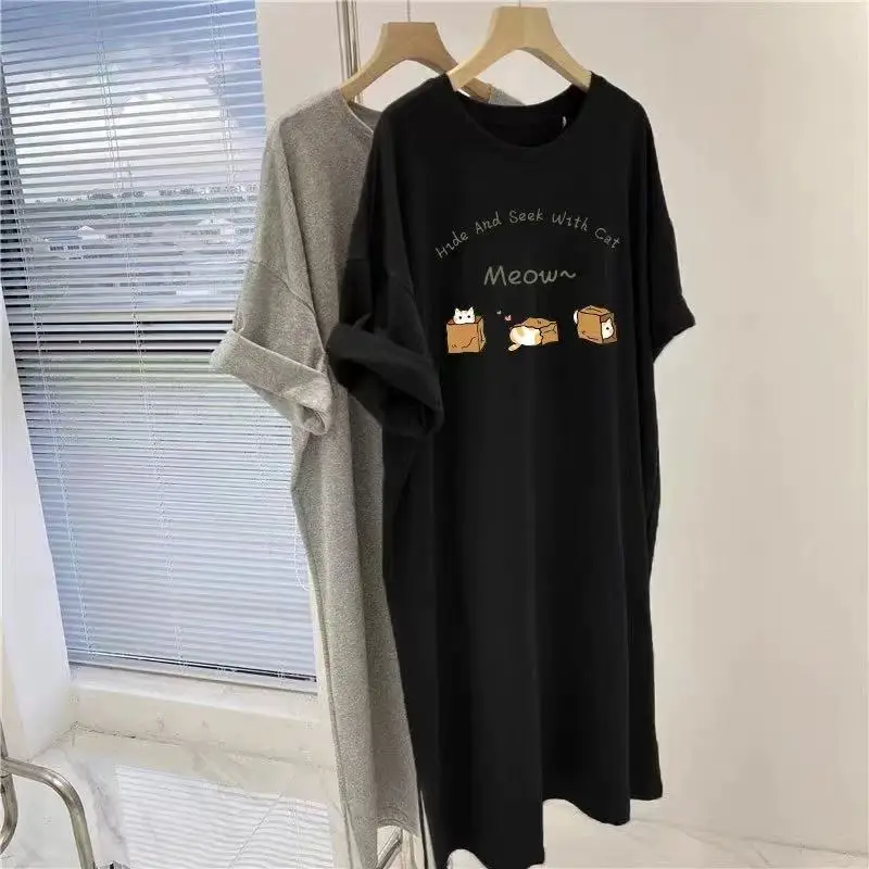 Loose Short Sleeve T-Shirt Dress Hong Kong Style Design Open Split Casual Summer Women's Fashion Straight Tube Dress