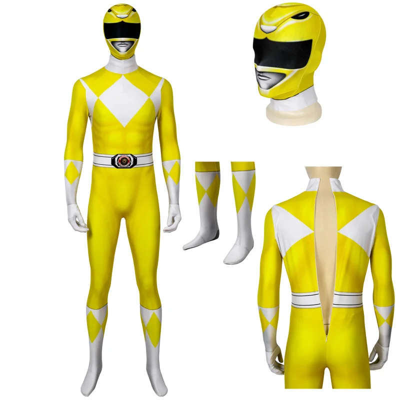 Adult Ranger 3D Printing Jumpsuit Carnival Cosplay Costume Zentai Boy Yellow Ranger Halloween High Quality Bodysuit With Hat