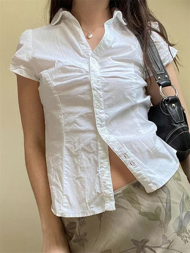 Imagen 1 del producto CHRONSTYLE, camisas con botones para mujer, Tops de manga corta con cuello de solapa, Tops ajustados con lazo en la espalda, camisas de verano Y2K, ropa de calle 2025