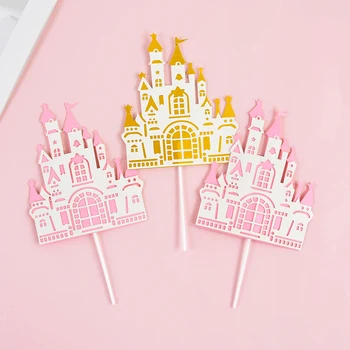 5Pcs 골든 핑크 성 공주 케이크 토퍼 웨딩 생일 축하 파티 케이크 토퍼 디저트 장식 베이비 샤워 선물