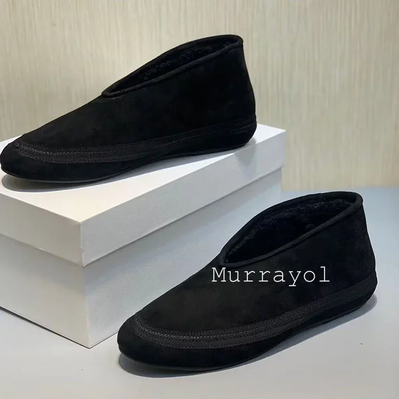 Round Toe Cow Suede Flat Thick Bottom Snow Boots Women Shallow Mouth Lazy Loafers Winter Real Wool Lining Ankle Botas Mujer view 6