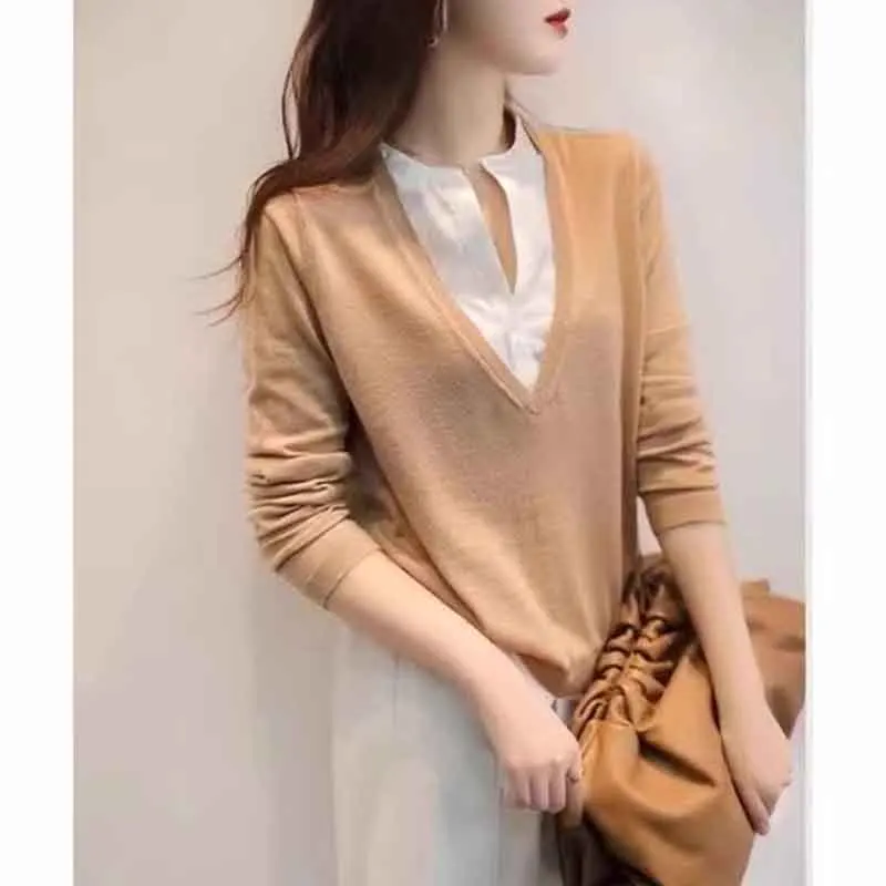 

Корейский вязаный свитер Sle V-Ne Long Sve, женский базовый слой, топ, свободный крой, повседневный осенний комплект из двух предметов для поездок на работу