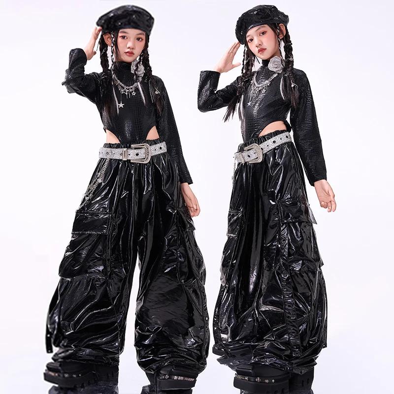 

Одежда для джазовых танцев для девочек 2025 года, черная одежда для сценического шоу Kpop, укороченный топ, мешковатые штаны, детский модный костюм для уличных танцев AMY2850