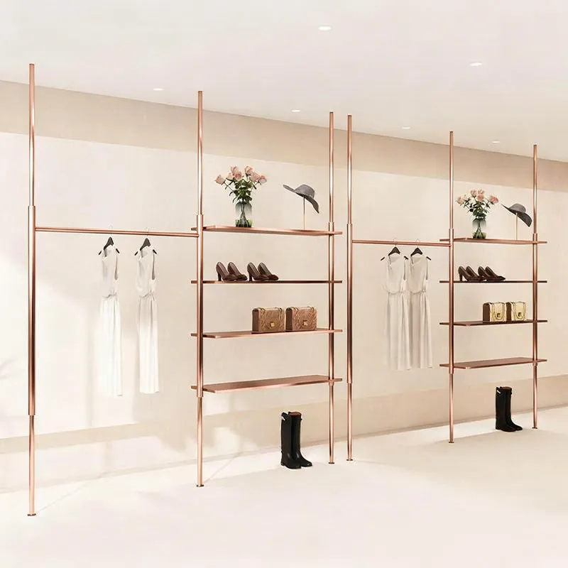 

Clothing store display rack Wall column Stainless steel rose gold hanging clothes rack Special display shelf for men's