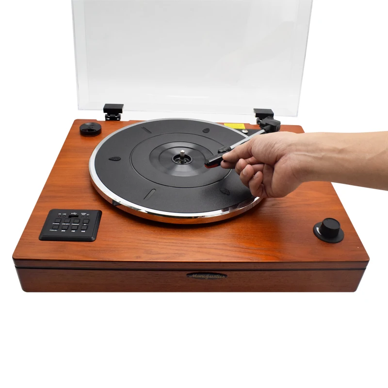 Newest Retro Vinyl Record Player with Three Stereo Speakers and Transparent Dust Cover