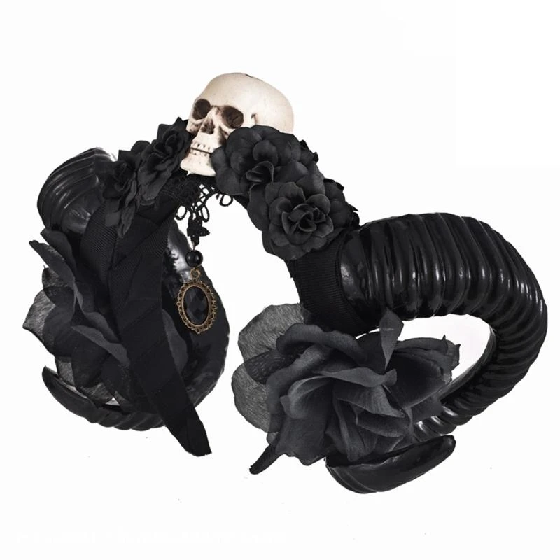 49MF Girls Sheep Horn Headwear Flower Skull Party Prop Halloween Cosplay Accessories