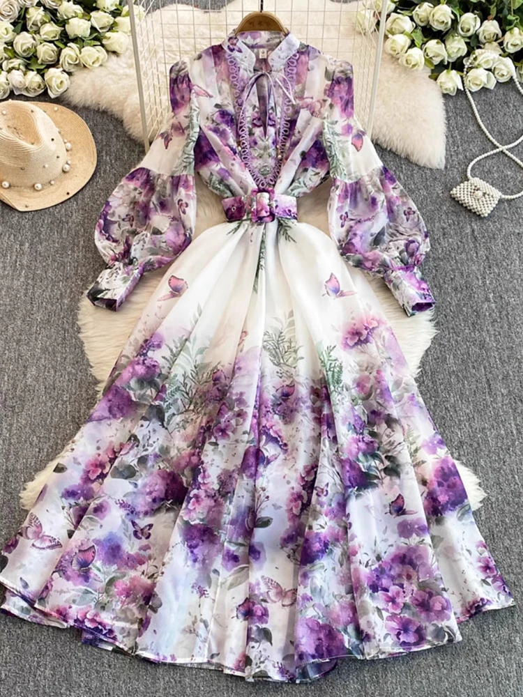 

Весеннее платье макси с цветочным принтом, женское трапециевидное платье с тонким рукавом-фонариком, платья высокого качества, модные элегантные вечерние платья