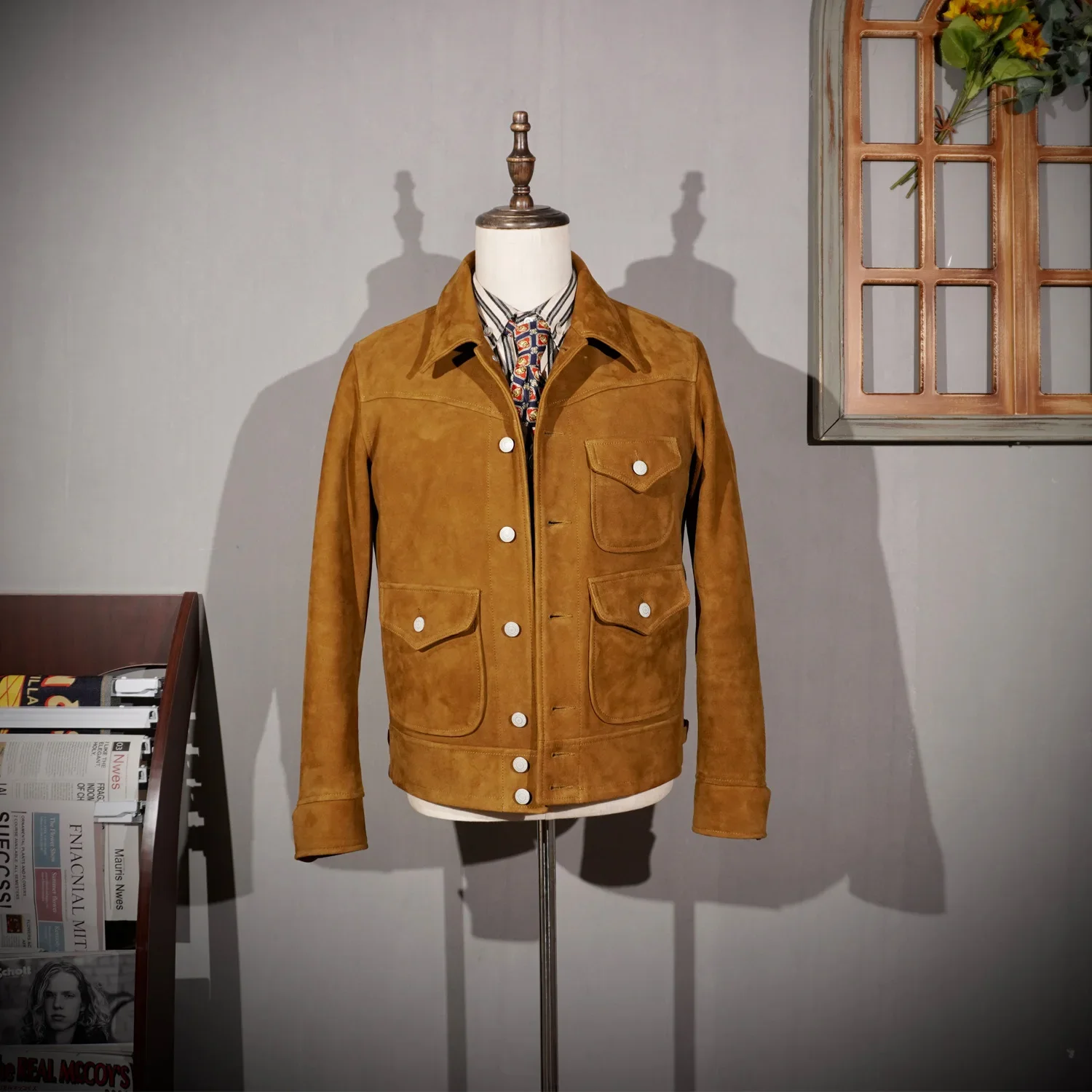 

Italian Suede Leather Jacket Short Slim Fit Farmer R * L Three Pocket American Retro Amikaki for Men