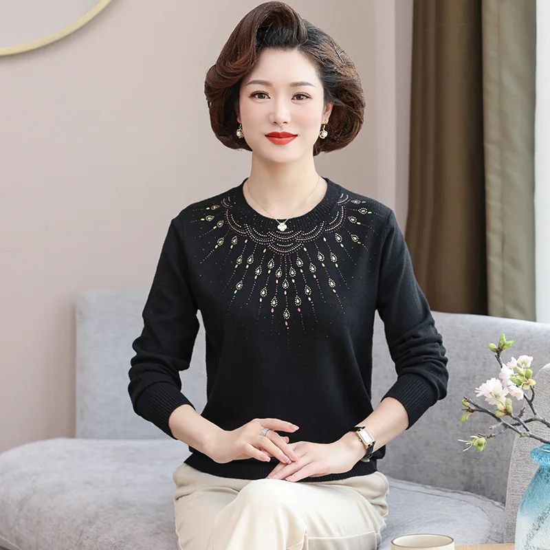 New Mid Aged Mother Pullovers Spring Autumn Sweater Fashion Diamond Knitwear Bottom Top Round Neck Pull Women Knitting Shirt