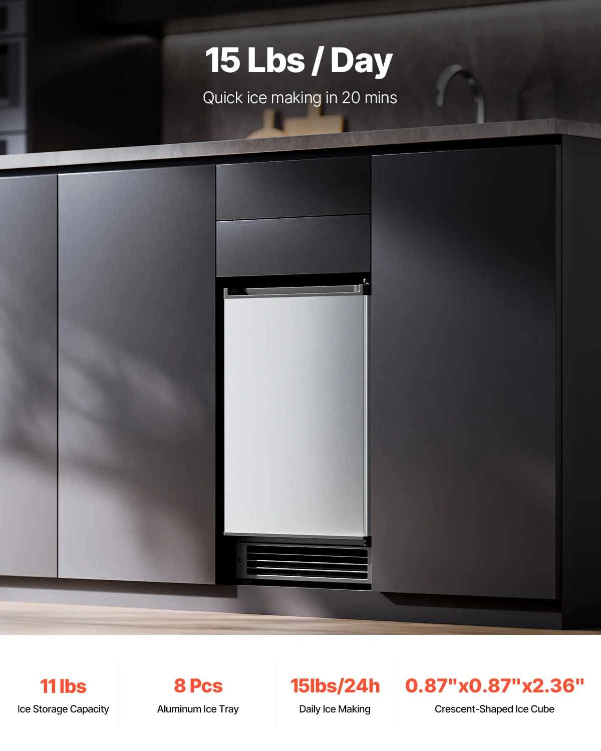 Undercounter Built-in Ice Maker, 15 Lbs/Day Under Counter Ice Maker Machine with Reversible Door Stainless Steel, Freestanding Ice Maker for Commercial Home Kitchen, No Drain Required
