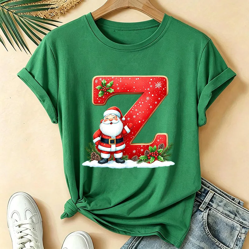Cute Christmas Initial Letter S Design Women's T-Shirts Christmas Tree and Reindeer Tee Shirts Xmas Family Holiday Outfit Gifts