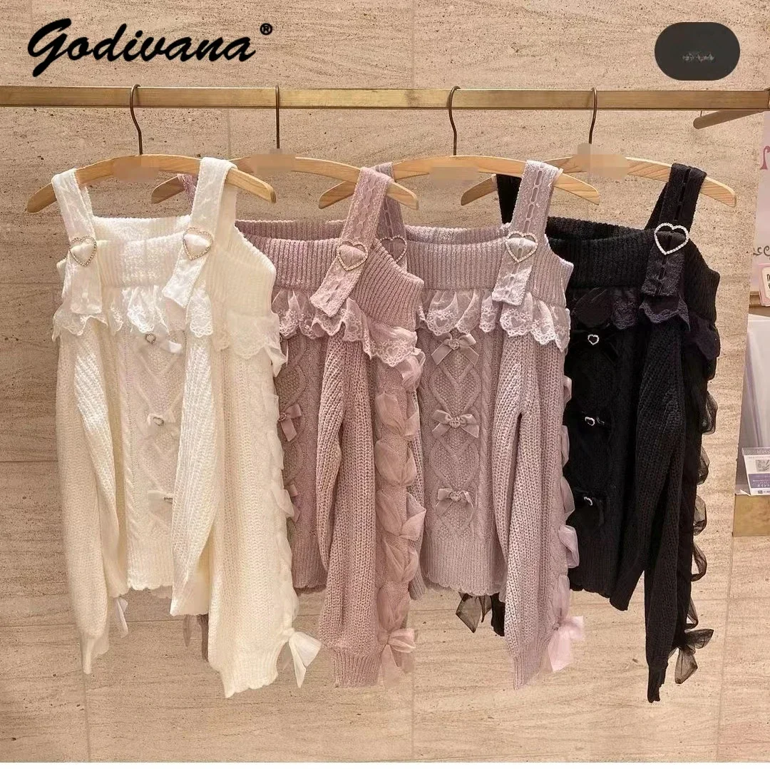 Sweet Girl Pink Suspenders Knitwear Lolita Sexy Strapless Long Sleeve Sweaters Pullover Autumn and Winter New Sling Sweater Top