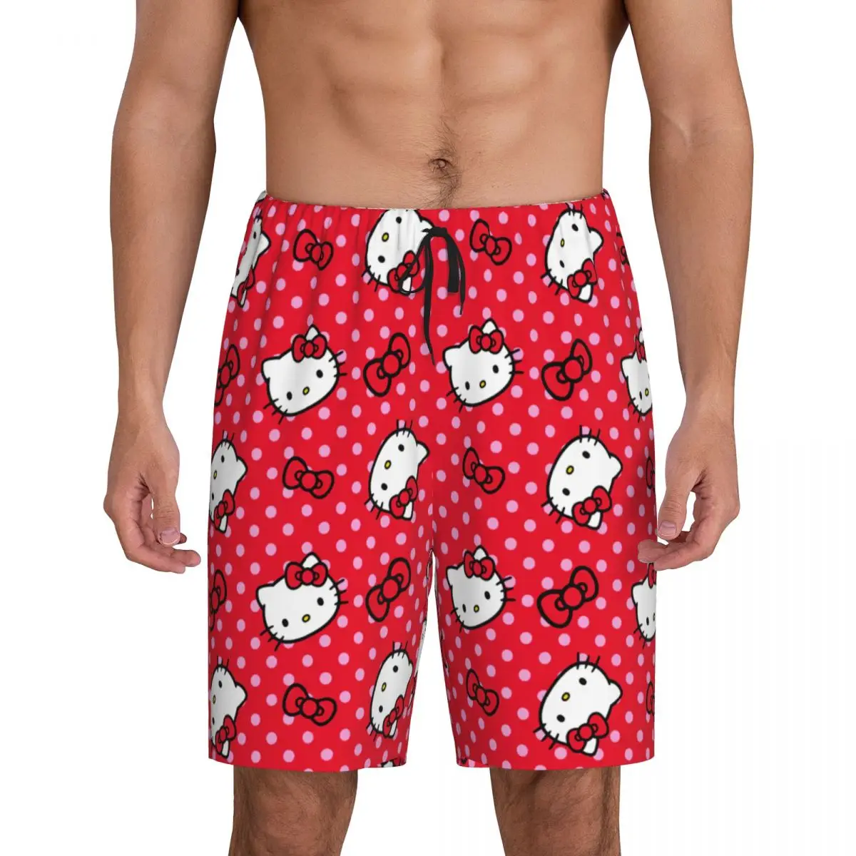 Men Cartoon Anime Hello Kitty Bow Pajama Shorts Custom Printed Sleep Pjs Sleepwear Bottoms with Pockets