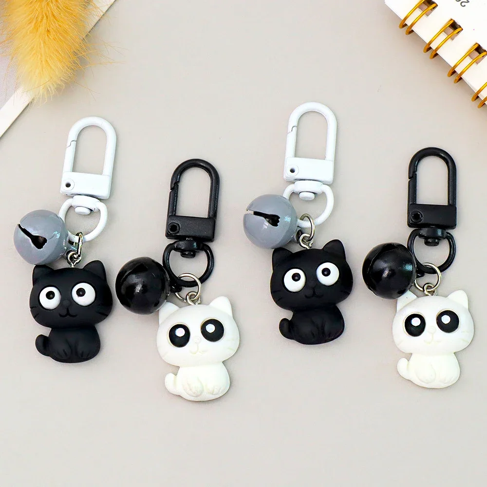 Black White Color Silicone Cat Pendant Keychain With Bell Girls Earphone Case Wallet Ornaments Kids Children'S Day Party Gifts