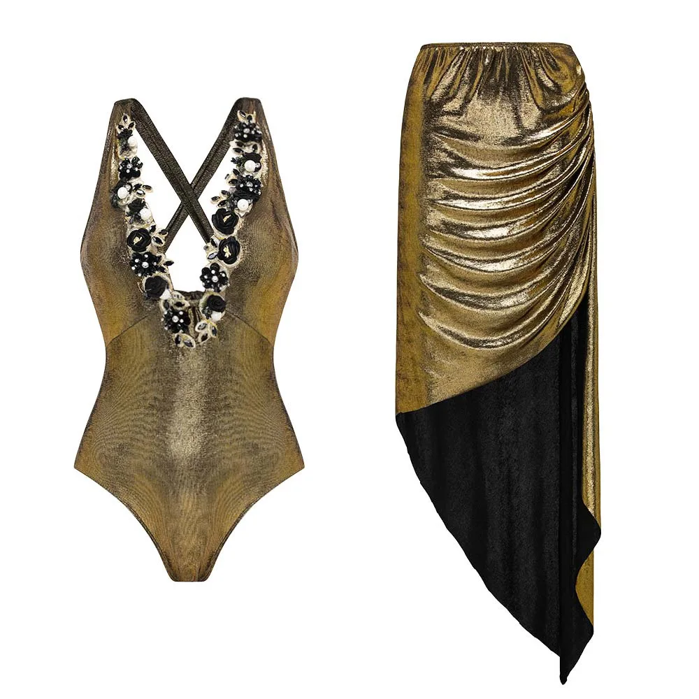 2024 Gold Glossy One Piece Swimsuit and Skirt for Women Backless Swimwear Female Monokini Beach Wear Bathing Suit Bikini Set