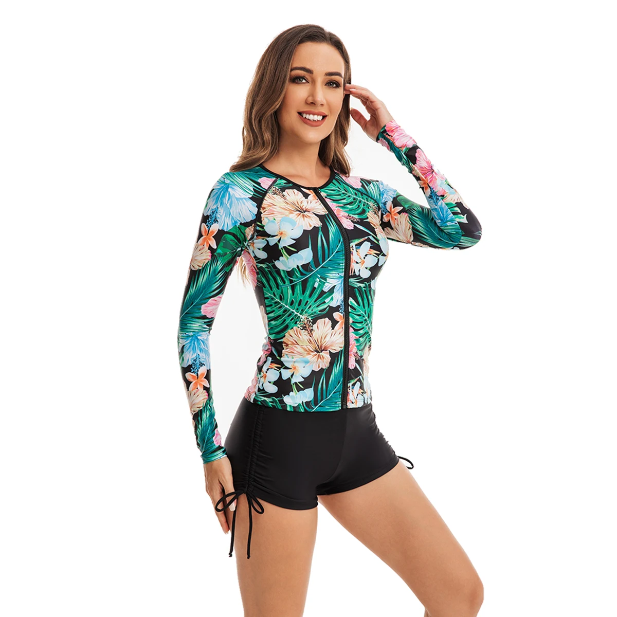 Women Two Piece Rash Guards Long Sleeve Swimsuit Swim Shirt with Shorts Modest Bathing Suit Sun UV Protection Floral Printed