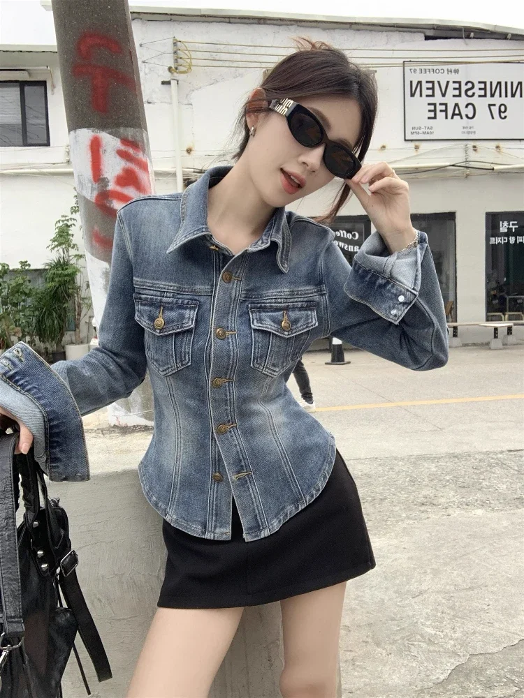 ADAgirl Blue Denim Shirt Jacket for Women Vintage Jeans Cropped Top Spring Autumn Long Sleeve Cardigan Button Up Slim Clothes