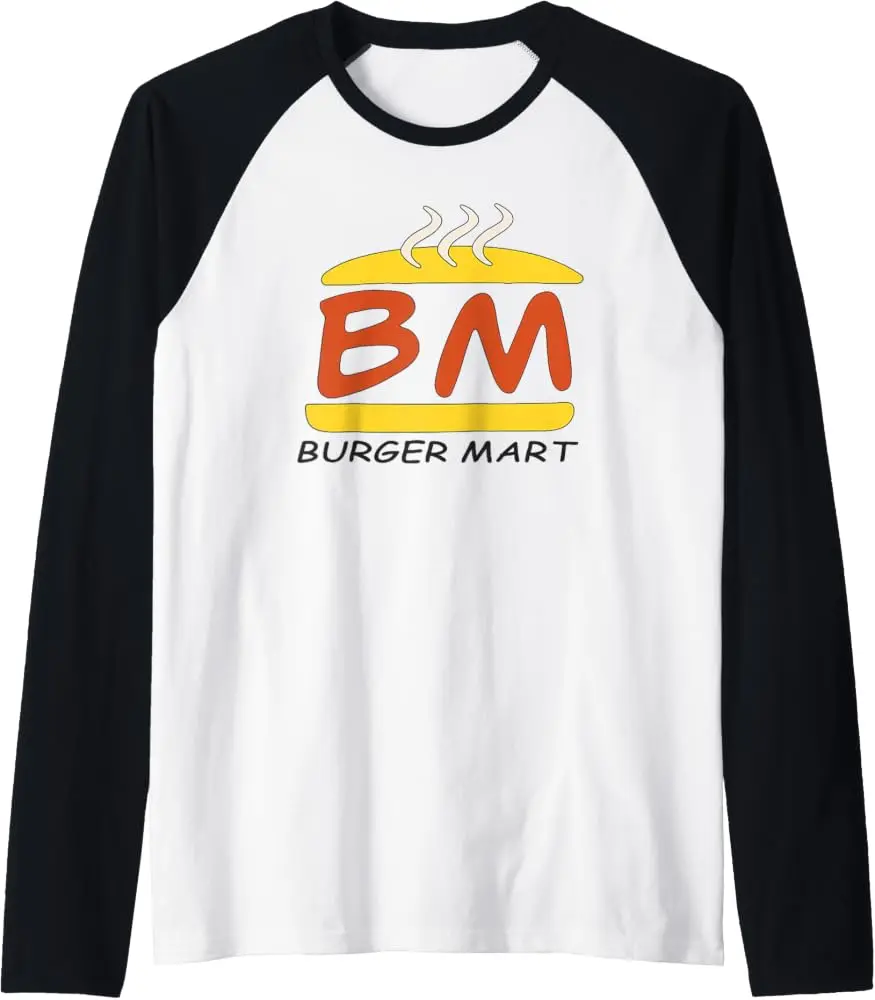 Burger Mart BM Graphic Raglan Long Sleeve T Shirt Archer Cartoon Print Unisex Crew Neck Casual Black White Baseball Tee Tops