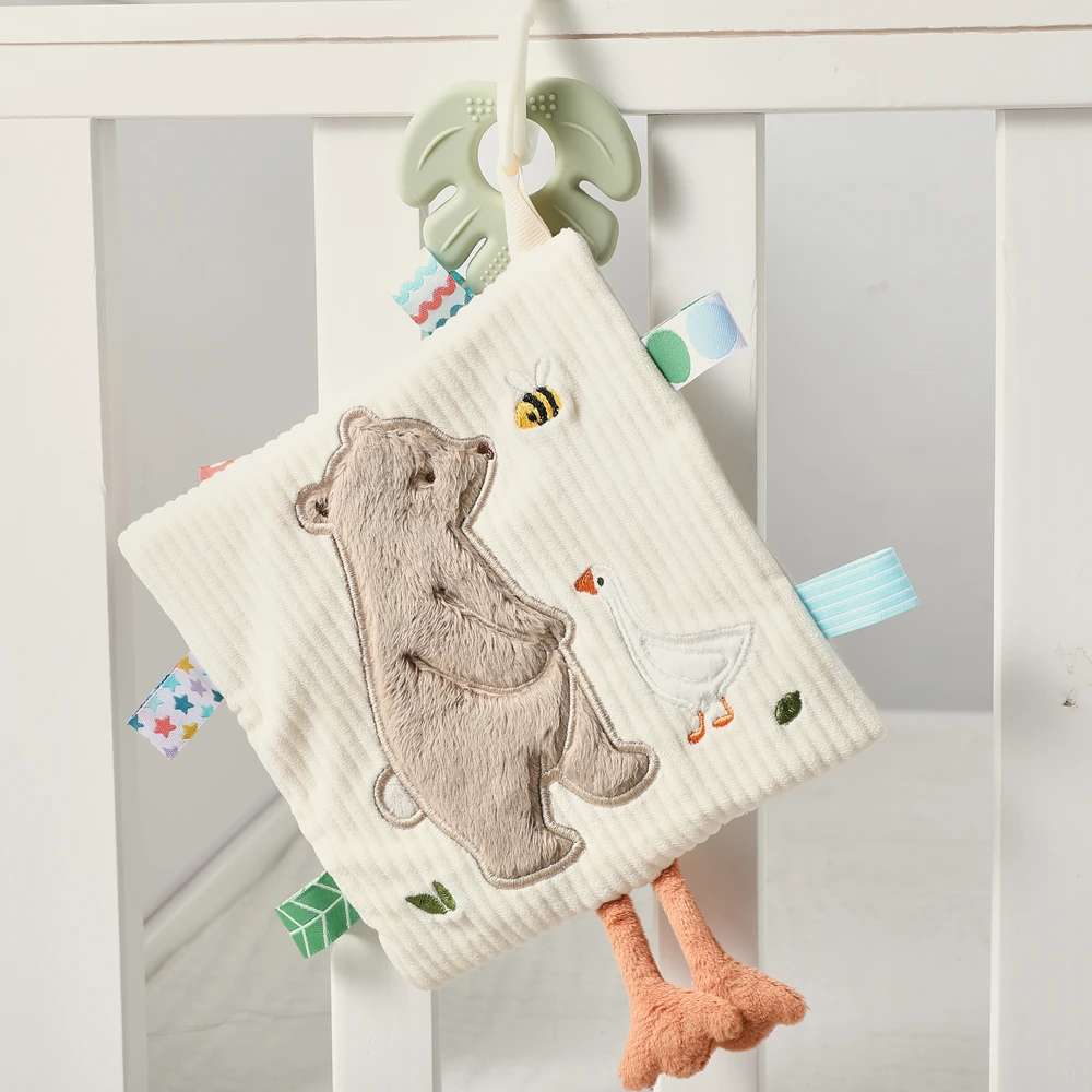 Bear Baby Security Blanket Multi Sensory Teether Crinkle Sound Press to Squeak Textured Ribbon Detachable Fine Motor Skill Gift