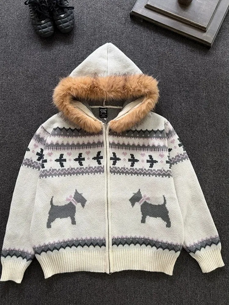 

Retro Contrast Color Knitted Cardigan Women's Autumn Winter Thi Warm Sweater Coat with Hat Fem Loose Fit Faion Sle