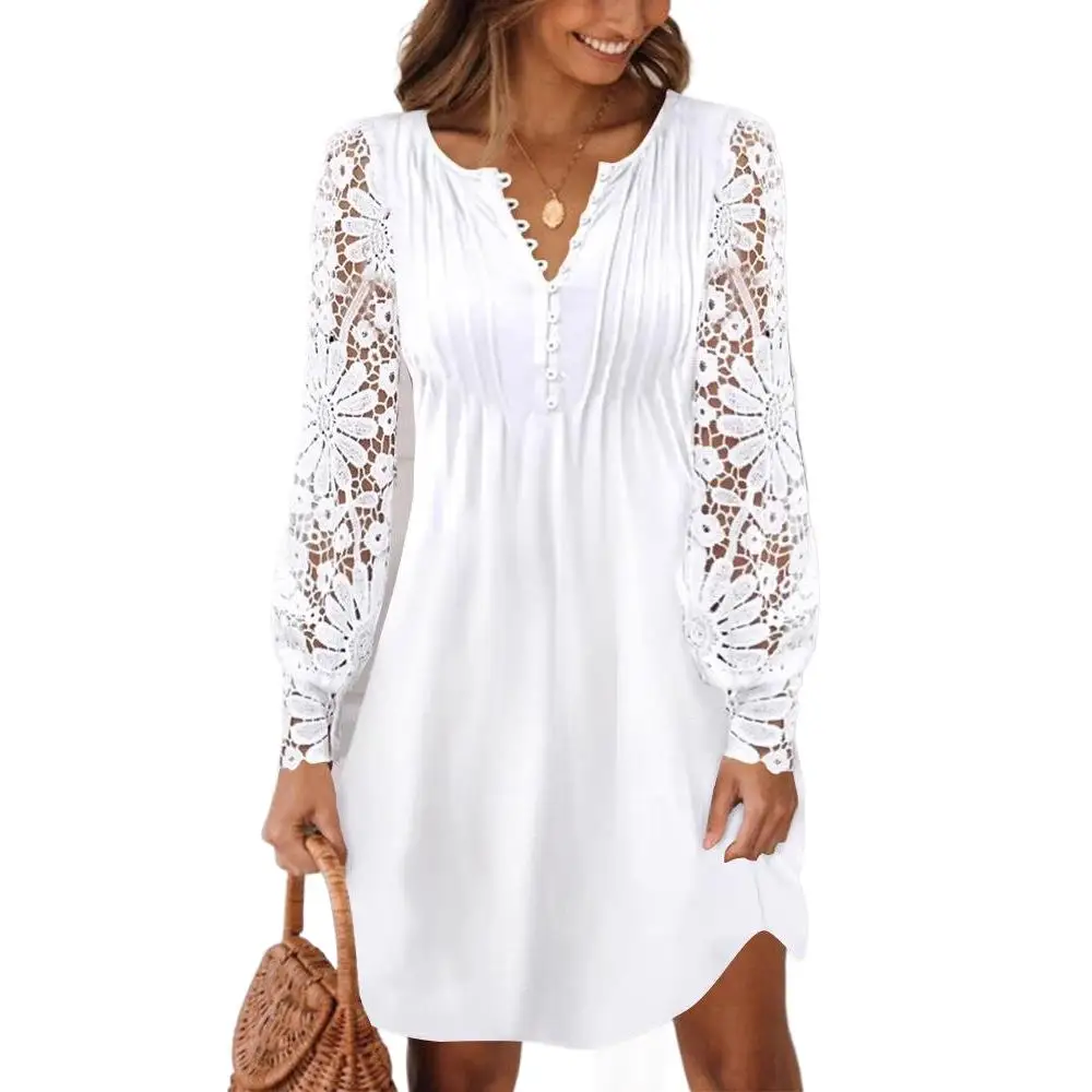 

2025 New Fashion Lace Button Dress Women Summer Casual V-neck Puff Sleeve Mini Dresses For Women Home Hollow Skirt For Women