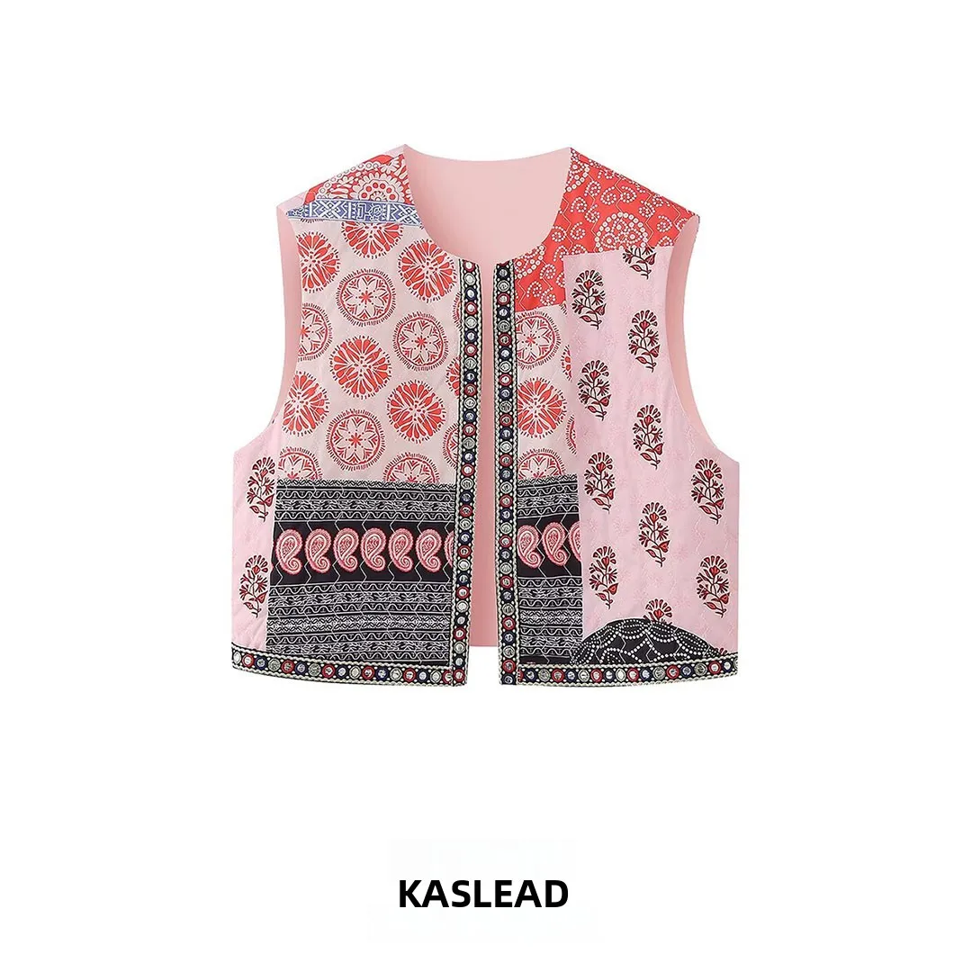 KASLEAD New Women's Fashion Versatile Commute Slimming Vest High-End Feeling Cardigan Short Length Plant Floral Pattern