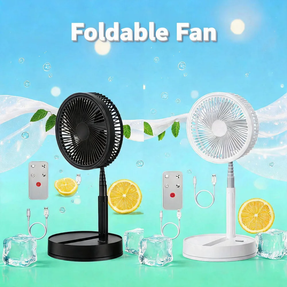 Ventilateur pliable portable 8000 mAh, ultra silencieux, rechargeable par USB, ventilateur de bureau sur pied, 20 heures d'autonomie sans fil pour la maison, le bureau, le camping, les voyages – Ventilateur de sol pliable et portable pour les canicules estivales