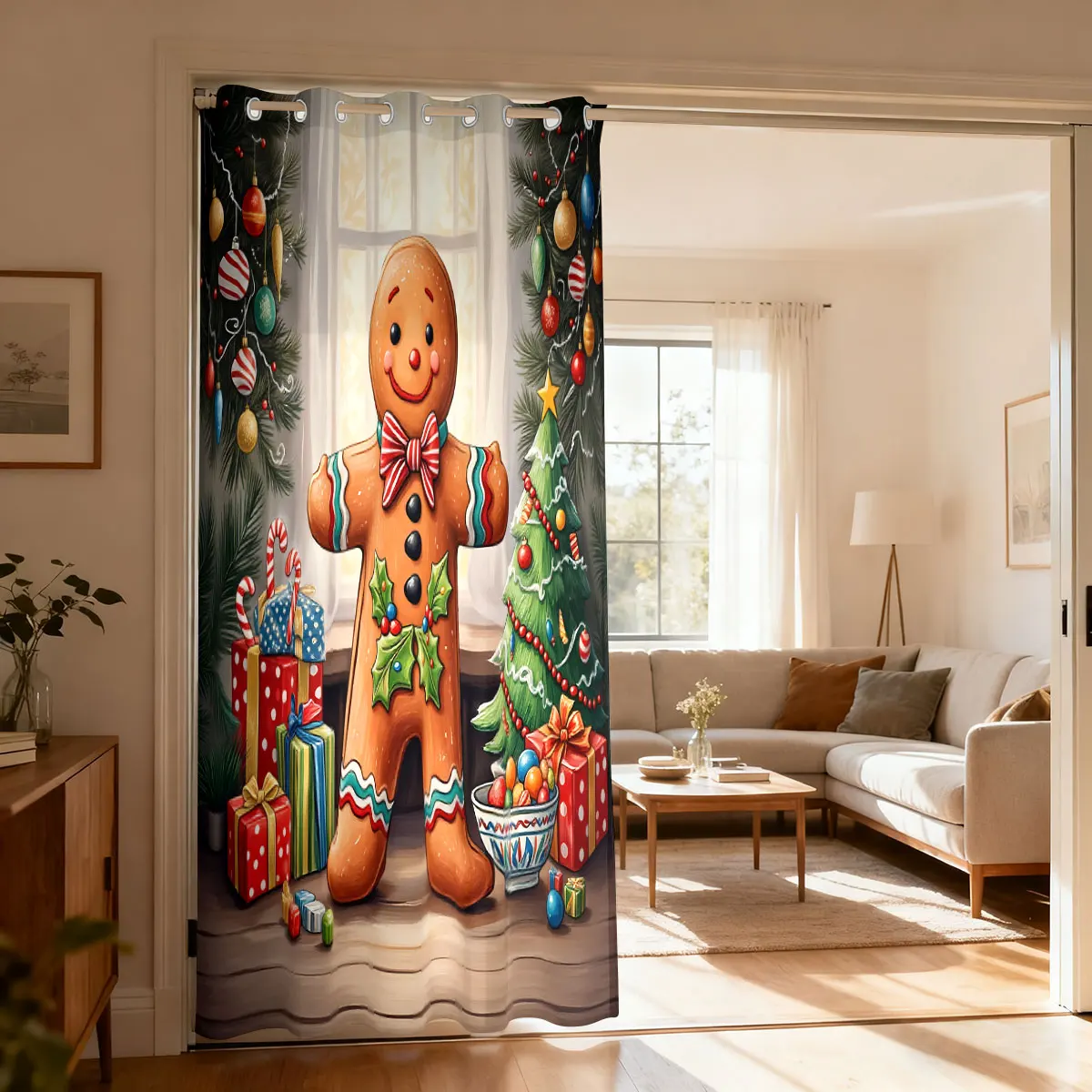 Christmas Gingerbread Man Xmas Decor Single Panel Loop Curtain, Door Hanging Curtain Living Room Bedroom Fashion Home Ornamen