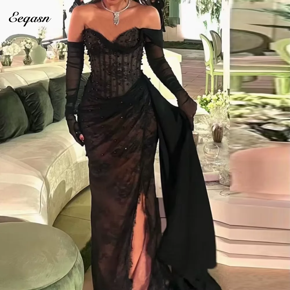 

Mermaid Black Evening Dress Lace Long Sleeve Party Dresses Prom Gown for Arabic Women Split vestidos de fiesta Customized