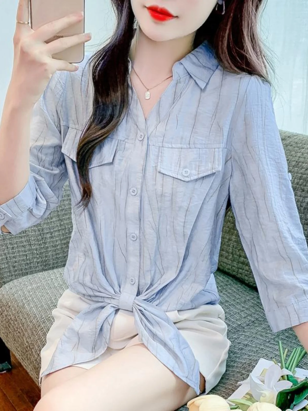 

Модная шикарная женская футболка с рукавом три четверти, стандартного кроя, в корейском стиле, из весенней коллекции, легкий люкс, трендовый топ