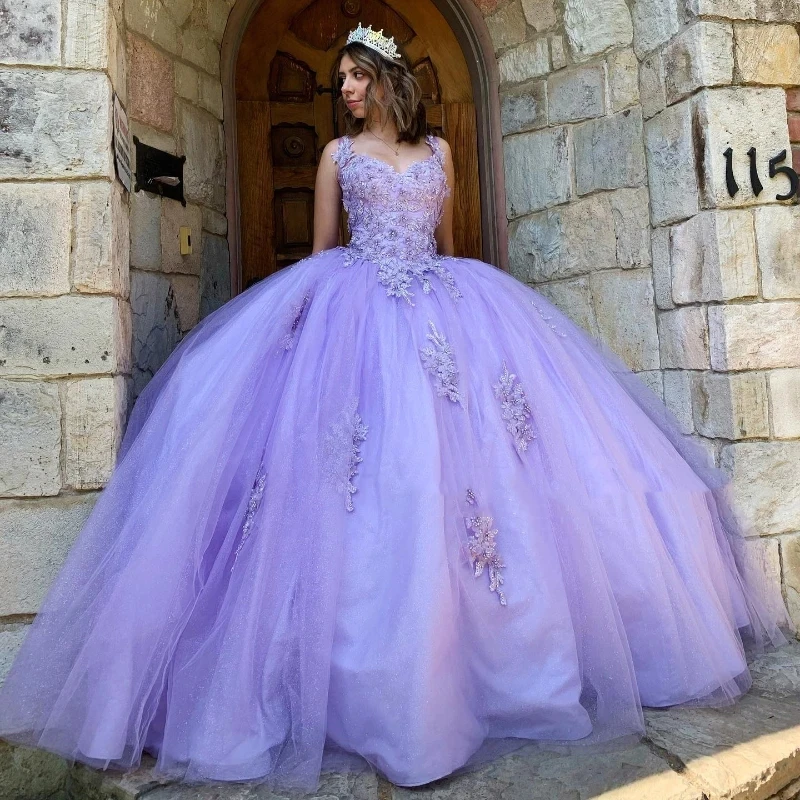 

Lavender Princess Quinceanera Dress Off Shoulder Applique Lace Beads Chape Train Prom Lace Up Corset Sweet 16 vestido 15