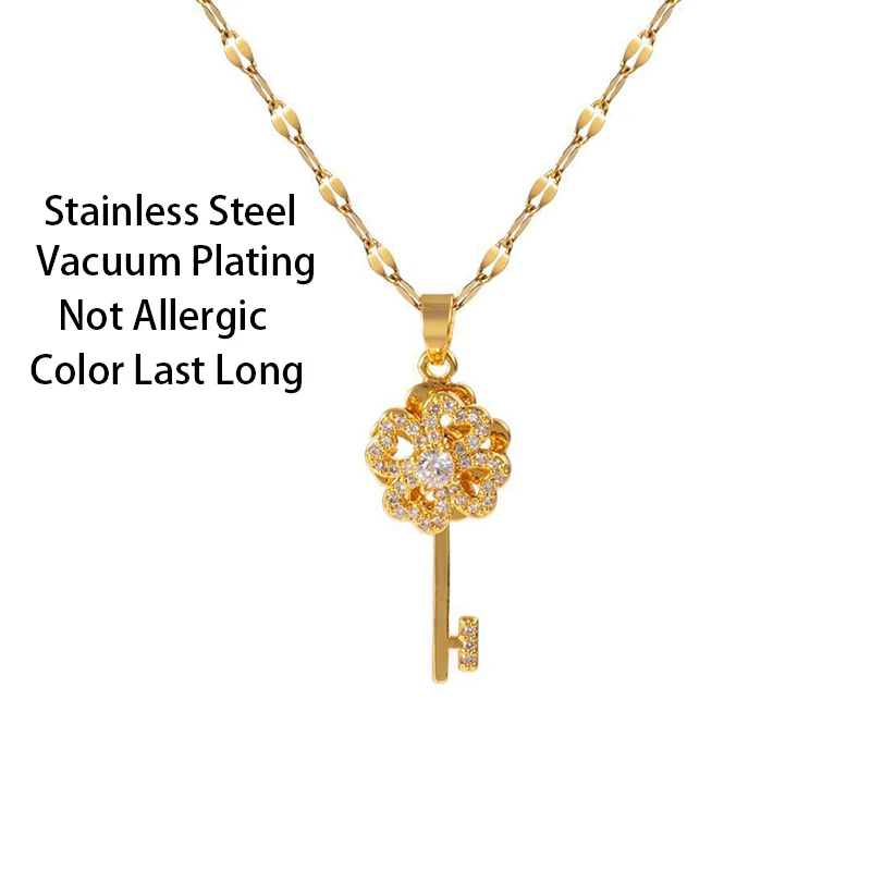 New In Light Luxury Rotatable Zircon Crystal Key Pendant Women Necklace Ladies Gold Color Wedding Jewelry Female Clavicle Chain