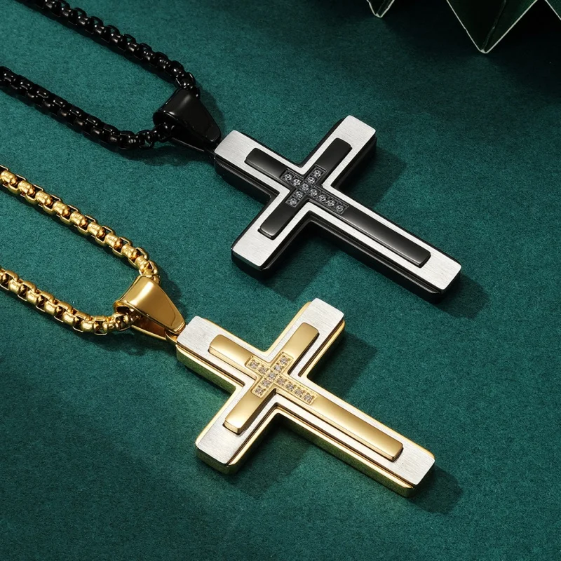 Three-Layer Combination Inlaid zircon Cross Men's Pendant Stainless Steel Necklace