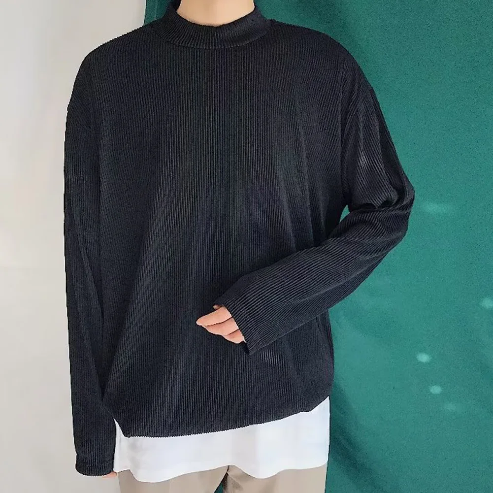 Mens Classic Pleated Retro Slight Strech Drape Casual Thermal Half Turtleneck Solid Color Comfortable T-Shirt Simple Lounge Tops