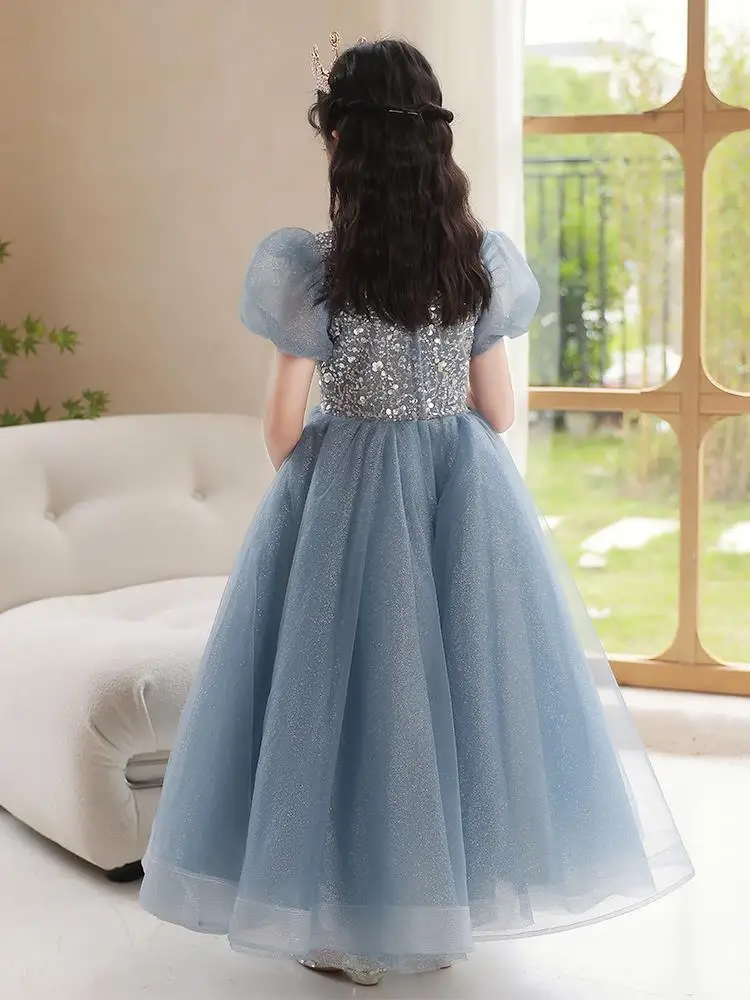 Dama de honra princesa vestido azul renda menina festa de aniversário lantejoulas tule fofo tutu roupas flor meninas casamento pageant longo vestido